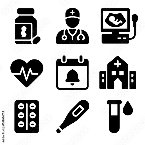 Pregnancy Healthcare Icons. Solid, filled icon set of expecting healthcare: prenatal vitamins, doctor appointment, ultrasound