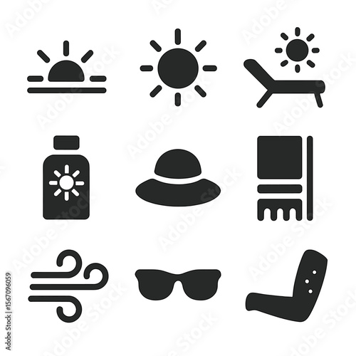 Sunshine Essentials Icons. Solid, filled icon set of sun warmth: rising sun, sunny rays, sunbathing chair, sunscreen bottle, sun
