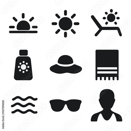 Sunshine Essentials Icons. Solid, filled icon set of sun warmth: rising sun, sunny rays, sunbathing chair, sunscreen bottle, sun
