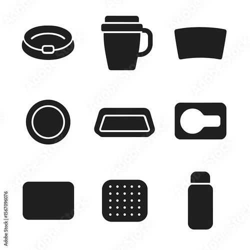Preventive Coffee Gear Icons. Solid, filled icon set of preventative coffee gear: lid with stopper, spill-proof mug, cup sleeve,