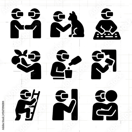 VR Interaction Icons. Solid, filled icon set of realistic interaction in VR: handshake, petting animal, typing keys, picking fruit