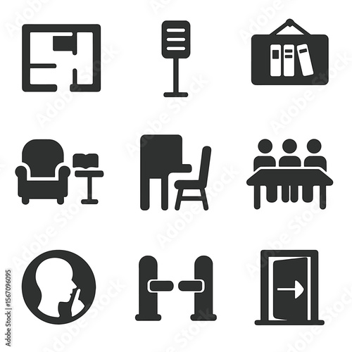 Library Icons Set. Solid, filled icons set of library layout and organization: floor plan, aisle marker,