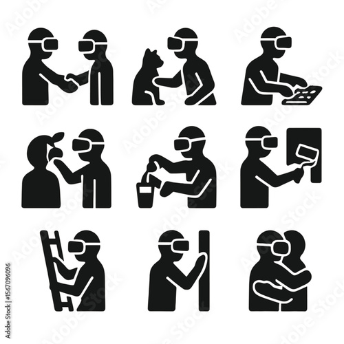 VR Interaction Icons. Solid, filled icon set of realistic interaction in VR: handshake, petting animal, typing keys, picking fruit