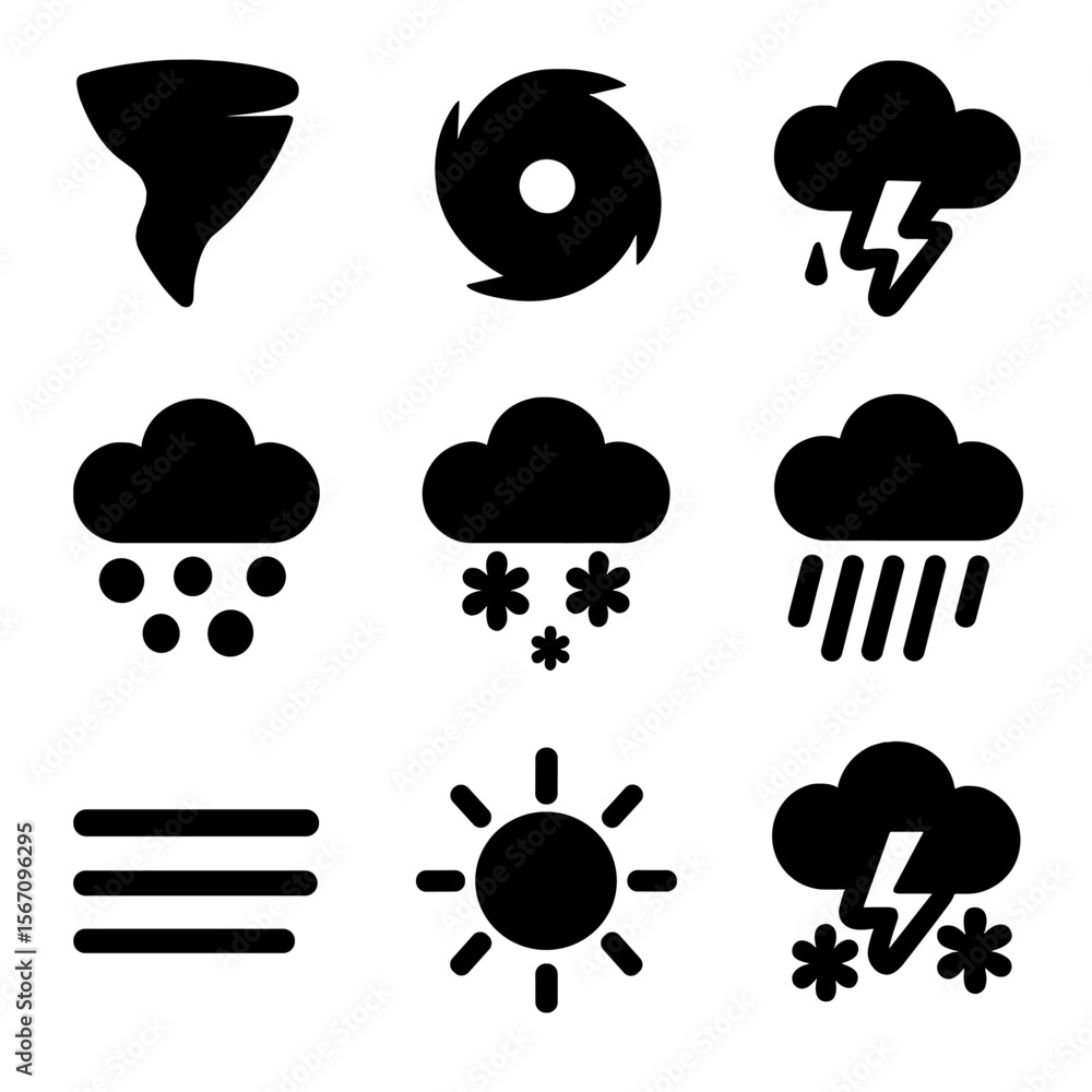 Weather Icons Grid. Solid, filled icon set of dangerous weather: tornado, hurricane, thunderstorm, hail, snowstorm, heavy rain, Weather Icons Grid. Solid, filled icon set of dangerous weather: tornado, hurricane, thunderstorm, hail, snowstorm, heavy rain,