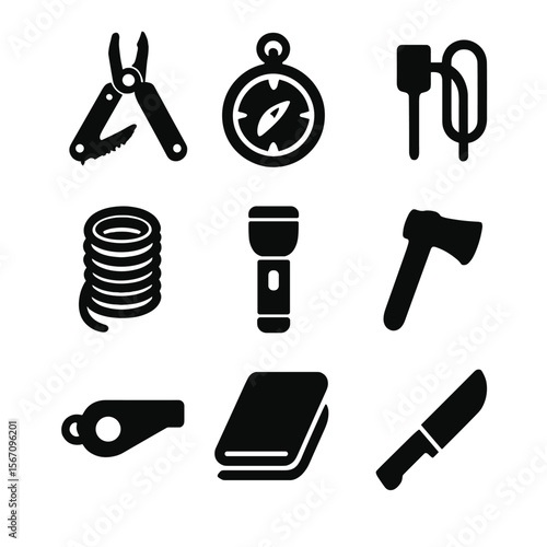 Survival Tools Icons. Solid, filled icon set of survival tools: multitool, compass, firestarter, rope, flashlight, hatchet,