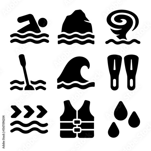 Water Obstacle Icons. Solid, filled icon set of Overcoming obstacles in water: swimmer, rock barrier, whirlpool, paddle, wave