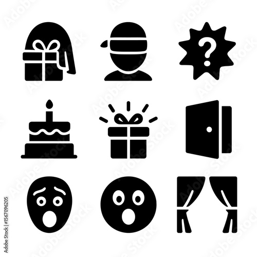 Surprise Party Icons. Solid, filled icon set of surprise party icons: hidden box, blindfold icon, question mark burst, pop-up cake