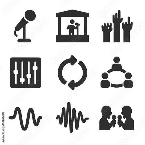 Live Jam Icons. Solid, filled icons set of live vocal jam session: open mic icon, bandstand, cheering crowd,