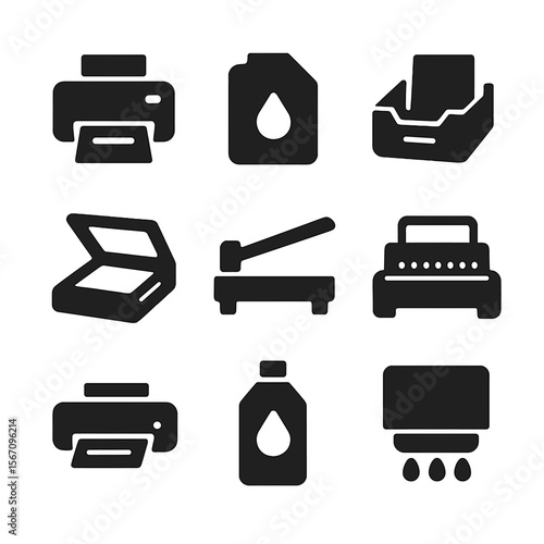 Printing Tools Icons. Solid, filled icon set of printing tools: printer, ink cartridge, paper tray, scanner, cutting machine,