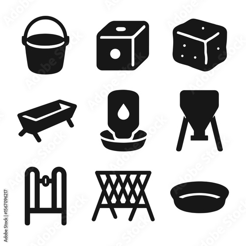 Livestock Feeding Icons. Solid, filled icons set of livestock feeding accessories: feed bucket, salt lick,