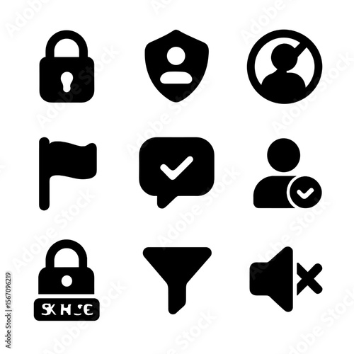 Privacy and Safety Icons. Solid, filled icon set of follower safety and privacy: lock icon, privacy shield, blocked user, report