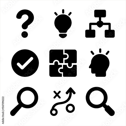 Problem Solving Icons. Solid, filled icon set of problem solving and decision making: question mark, light bulb, flowchart,