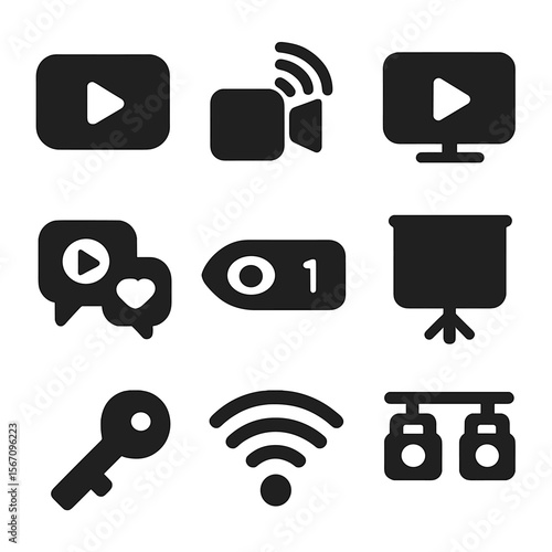 Live Streaming Icons. Solid, filled icons set of live streaming services: live icon, camera stream, streaming