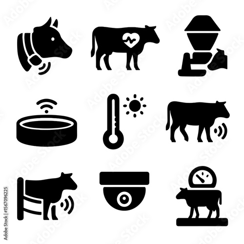 Livestock Monitoring Icons. Solid, filled icons set of livestock monitoring systems: GPS collar, health sensor