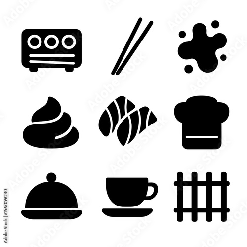 Sushi Dining Icons. Solid, filled icon set of sushi dining: sushi plate, chopsticks, soy sauce splash, wasabi dollop, sashimi