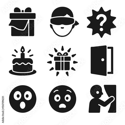 Surprise Party Icons. Solid, filled icon set of surprise party icons: hidden box, blindfold icon, question mark burst, pop-up cake