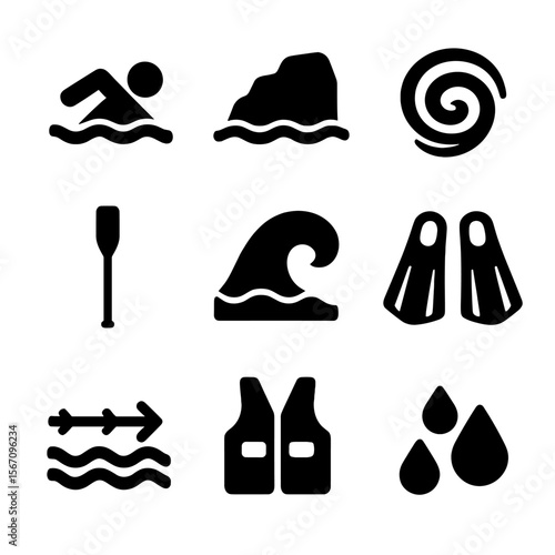 Water Obstacle Icons. Solid, filled icon set of Overcoming obstacles in water: swimmer, rock barrier, whirlpool, paddle, wave