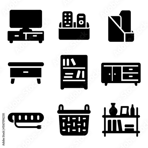 Living Room Icons. Solid, filled icons set of living room organization: TV cabinet, remote tray, magazine