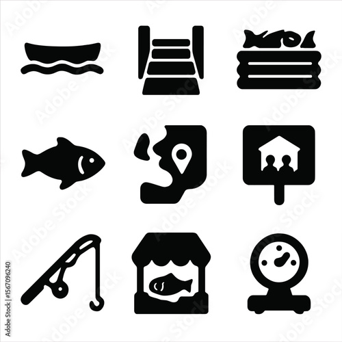 Local Fishery Icons. Solid, filled icons set of small-scale local fisheries: rowboat, dock icon, harbor fish