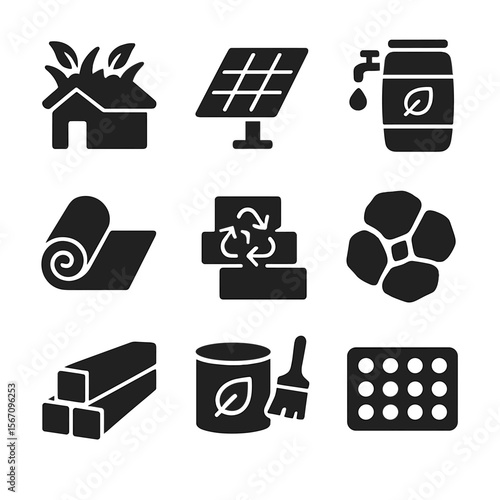 Sustainable Construction Icons. Solid, filled icon set of sustainable construction elements: green roof, solar panel, rainwater