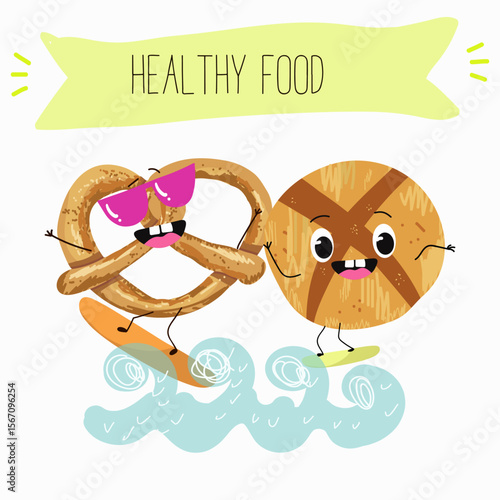 Baked food funny characters, hand drawn vector illustration.