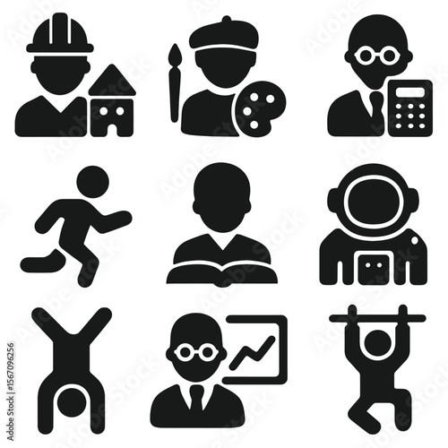 Profession Icons Grid. Solid, filled icon set of professions starting with A: architect, artist, accountant, athlete, author,