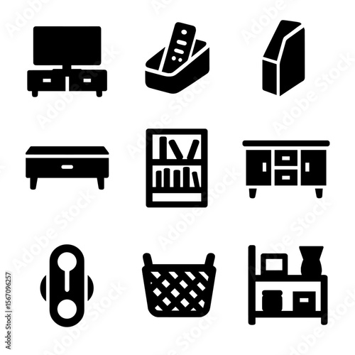 Living Room Icons. Solid, filled icons set of living room organization: TV cabinet, remote tray, magazine