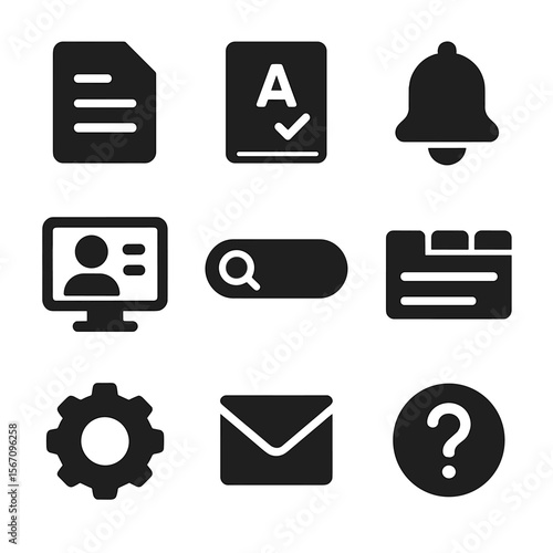 LMS Feature Icons. Solid, filled icons set of LMS platform features: content manager, student gradebook,