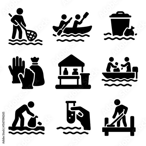 Waterway Cleanup Icons. Solid, filled icon set of waterway cleanups: river net, kayak crew, floating trash bin, gloves and bags,