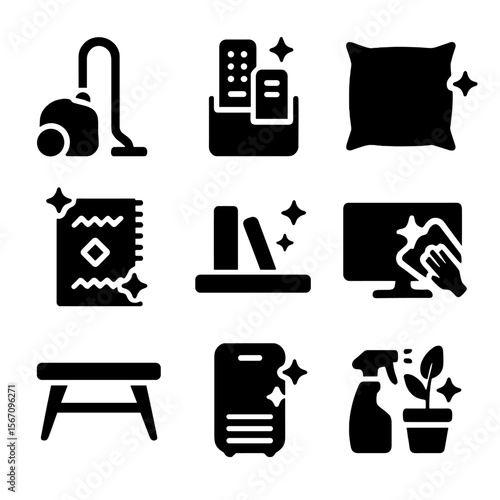 Living Room Cleaning Icons. Solid, filled icons set of living room cleaning: vacuum, remote organizer, tidy