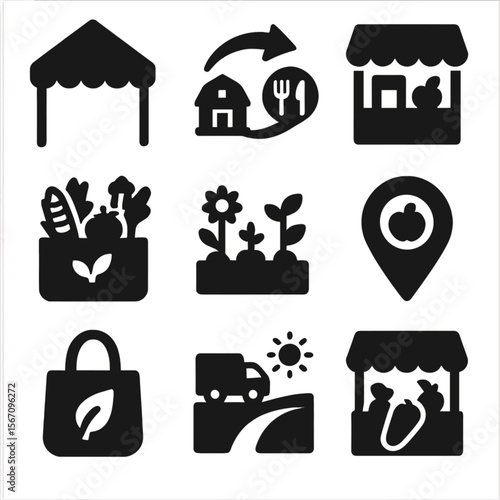 Local Food Icons. Solid, filled icons set of local food systems: farmers market tent, farm-to-table arrow,