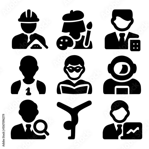 Profession Icons Grid. Solid, filled icon set of professions starting with A: architect, artist, accountant, athlete, author,