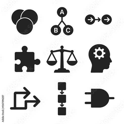 Logical Reasoning Icons Grid. Solid, filled icons set of logical reasoning tools: Venn diagram, syllogism icon
