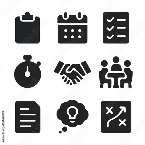 Project Initiation Icons. Solid, filled icon set of project initiation: clipboard, calendar, checklist, stopwatch, handshake,