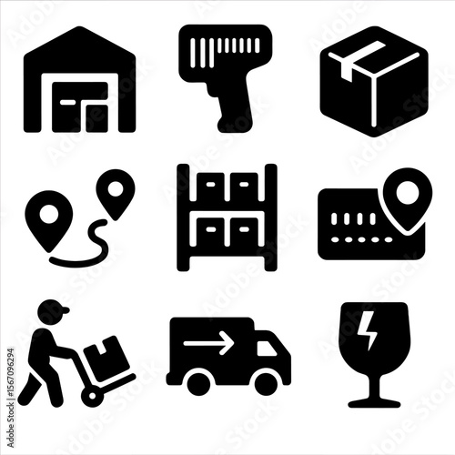 Logistics Icon Set. Solid, filled icons set of product fulfillment and logistics: warehouse, barcode scanner,