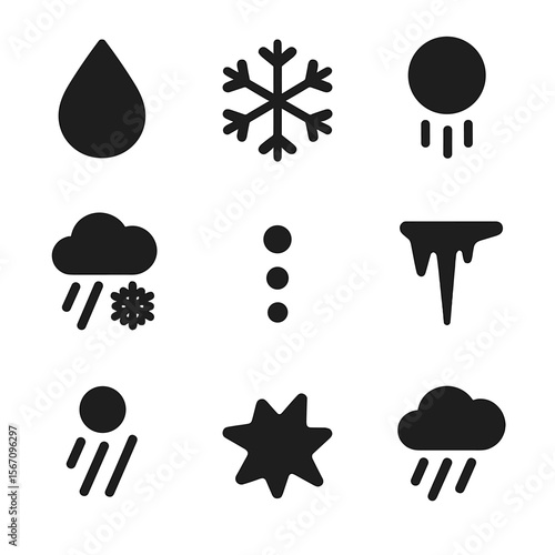 Weather Icons Grid. Solid, filled icon set of precipitation forms: rain drop, snowflake, hail stone, sleet, drizzle, freezing rain