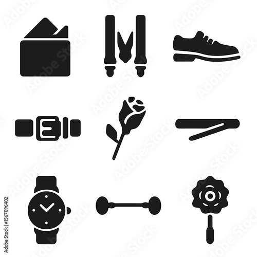 Wedding Attire Icons. Solid, filled icon set of wedding attire accessories: pocket square, suspenders, dress shoes, belt,