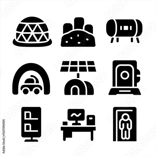 Lunar Base Icons. Solid, filled icons set of lunar base modules: lunar dome, regolith barrier, habitat tube,