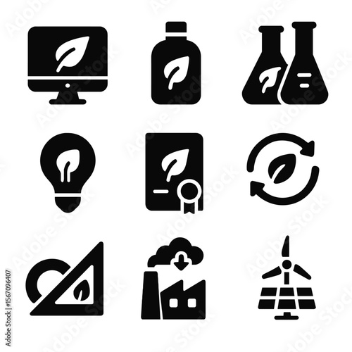 Sustainable Innovation Icons. Solid, filled icon set of sustainable innovation: green technology, eco-friendly product, R&D lab,