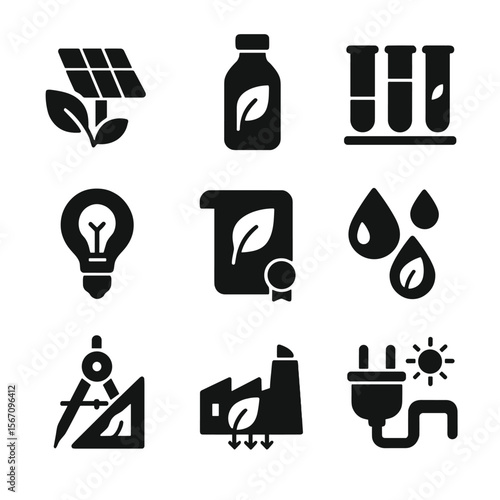 Sustainable Innovation Icons. Solid, filled icon set of sustainable innovation: green technology, eco-friendly product, R&D lab,