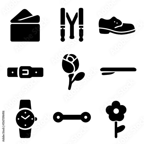 Wedding Attire Icons. Solid, filled icon set of wedding attire accessories: pocket square, suspenders, dress shoes, belt,
