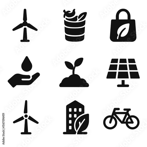 Sustainable Practices Icons. Solid, filled icon set of sustainability practices: renewable energy, compost bin, eco-friendly bag,