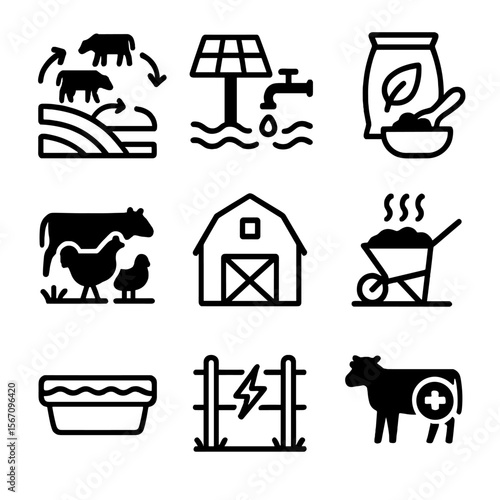 Sustainable Livestock Icons. Solid, filled icon set of sustainable livestock practices: rotational grazing, solar-powered water