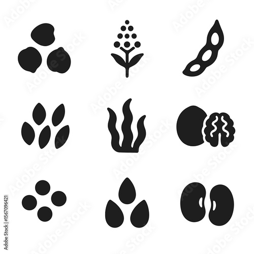 Protein Source Icons. Solid, filled icon set of protein sources: chickpeas, quinoa, soy pods, wheat grains, algae, nuts, lentils,
