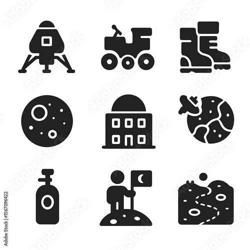 Lunar Travel Icons. Solid, filled icons set of lunar travel experience: moon lander, lunar rover, moon boots,