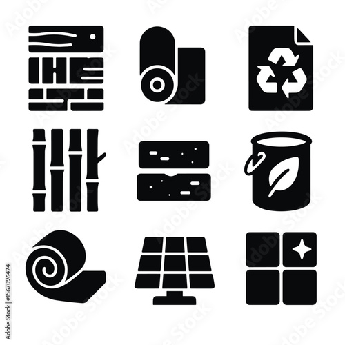 Sustainable Material Icons. Solid, filled icon set of sustainable home materials: reclaimed plank, cork roll, recycled metal,