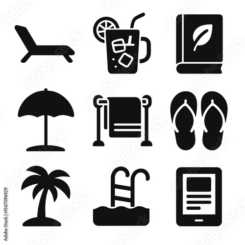 Luxurious Poolside Icons. Solid, filled icons set of luxurious poolside experience: sun lounger, iced lemonade