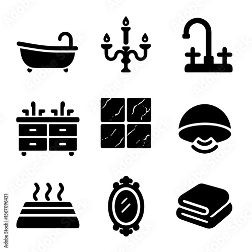 Luxury Bathroom Icons. Solid, filled icons set of luxury bathroom features: freestanding tub, chandelier light