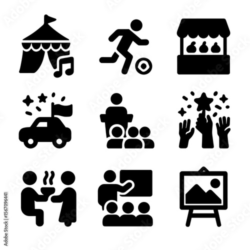 Provincial Event Icons. Solid, filled icon set of Provincial events: cultural festival, sports event, market day, parade,