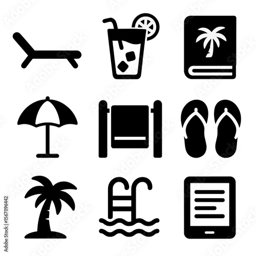 Luxurious Poolside Icons. Solid, filled icons set of luxurious poolside experience: sun lounger, iced lemonade